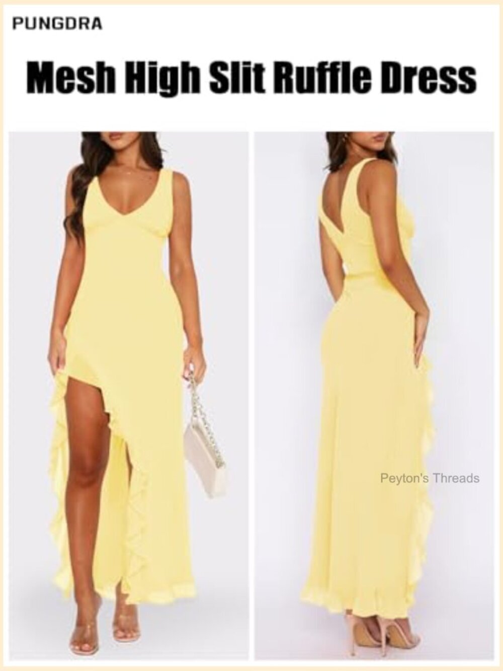 Mesh Ruffle High Slit Bodycon Maxi Dress V Neck Sleeveless Formal Party - Picture 3 of 7
